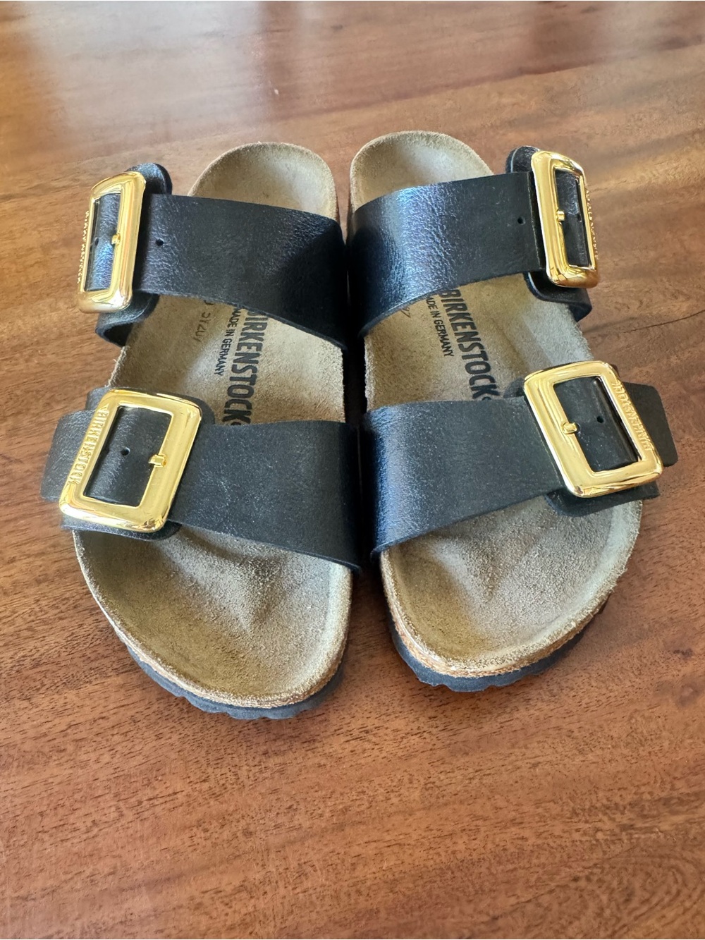 Birkenstock Kids Two-Strap Sandal in Black with Gold Buckles